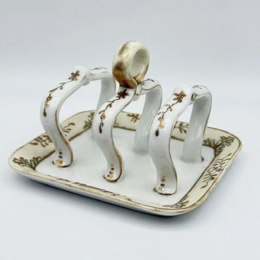 Antique Nippon Hand Painted Toast Rack Holder White Gold Flower Bead Trim 5 in
